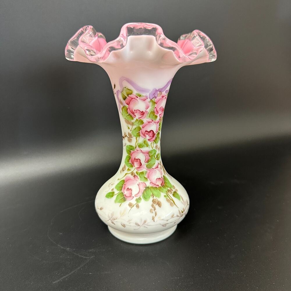 Vtg 8" Charleton Fenton Ruffled Rose Pink Gold White Vase Silvercrest Milk glass